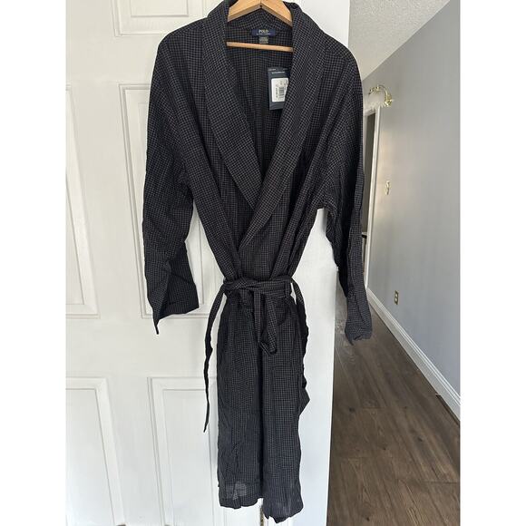 NWT Polo Ralph Lauren Black Plaid Woven Robe Belted Shawl Cotton Sz Small Medium - Picture 1 of 7